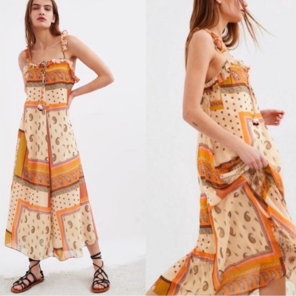 Zara Cream and Orange Tiered Maxi Sundress